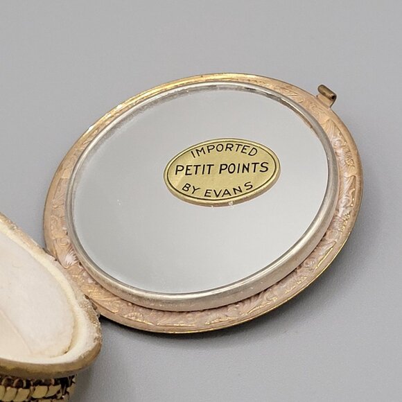 Evans Floral Petit Point Collapsible Compact With Puff Gold Tone Mesh Vtg 1930s - Picture 4 of 10